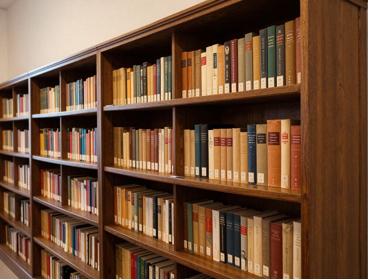 Biblioteca académica con estanterías de madera oscura llenas de libros, luz cálida de lámpara de escritorio, ambiente de estudio e investigación institucional