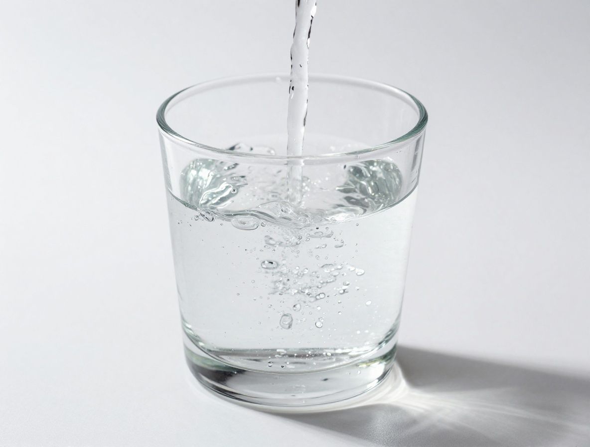 Composición minimalista de agua clara vertida en vaso de cristal sobre fondo blanco limpio con reflejo de luz natural, concepto de hidratación pura