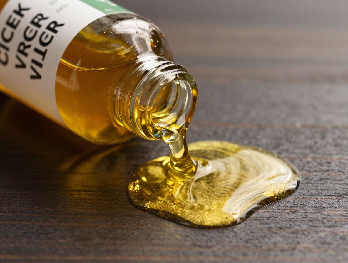 Aceite de oliva virgen extra fluyendo desde una botella de vidrio sobre fondo oscuro, reflejo dorado y textura del líquido visible