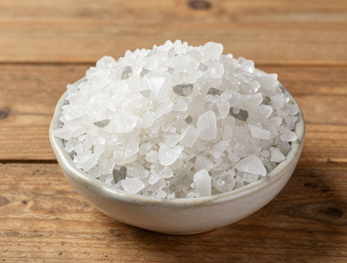 Sal marina gruesa en cuenco de cerámica rústica sobre mesa de madera envejecida, cristales de sal con diferentes tonalidades blancas y grises