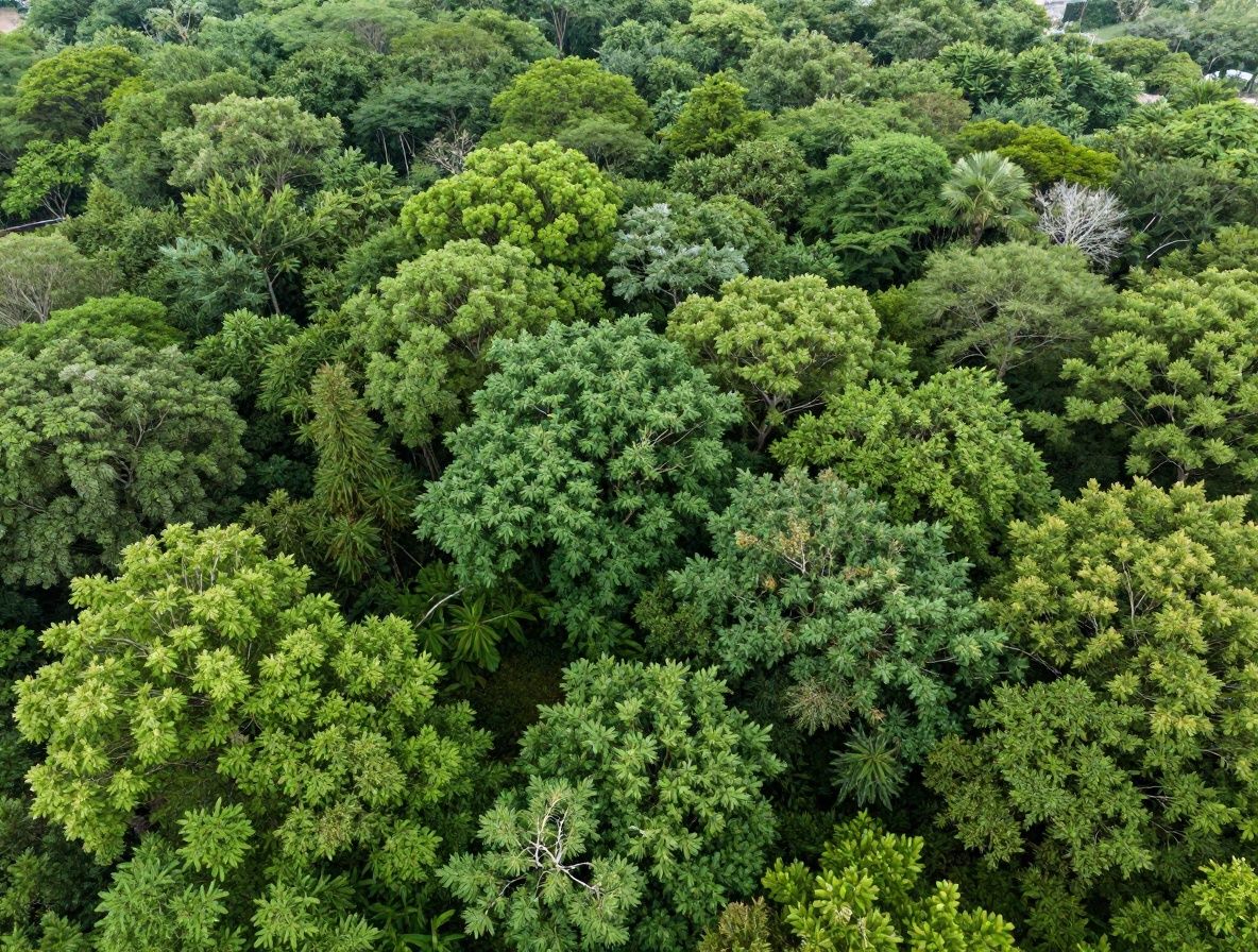 Vista aérea de un bosque denso y verde con árboles de diferentes tonalidades, luz natural filtrándose entre las copas, atmósfera serena y cinematográfica